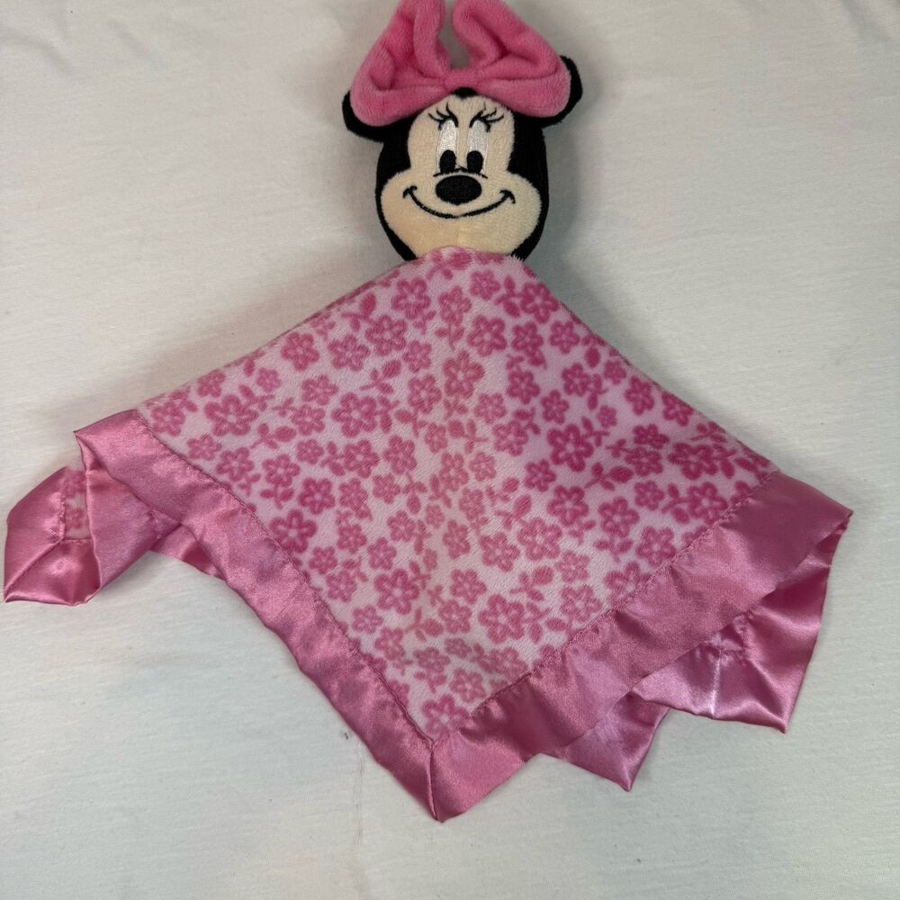 Minnie Mouse Lovey Disney Baby Girl Pink Security Blanket Rattle Satin Flowers